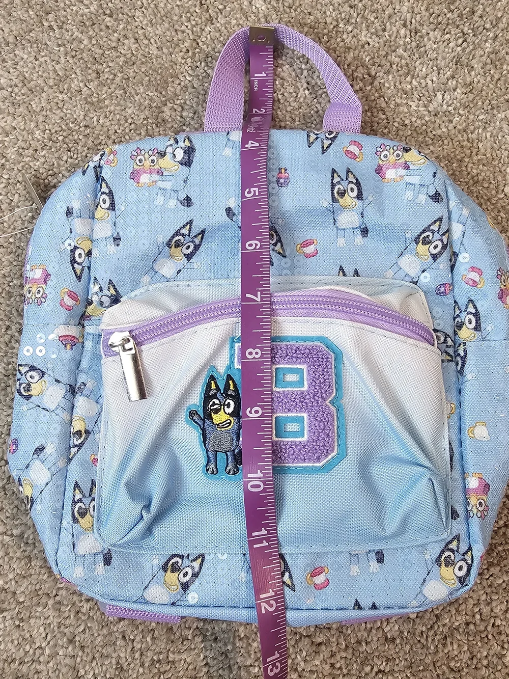 Blue Kids Backpack with Purple Trim and 'B' Patch